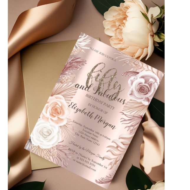Invitación Fiesta de Cumpleaños 50 Boho Flores Rosa Dorado (Subido por el creador)