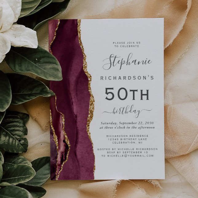 Invitación Fiesta de cumpleaños 50 Burgundy Red Gold Agata (Subido por el creador)