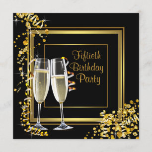 Invitación Fiesta de Cumpleaños 50 Champán Confeti Oro Negro
