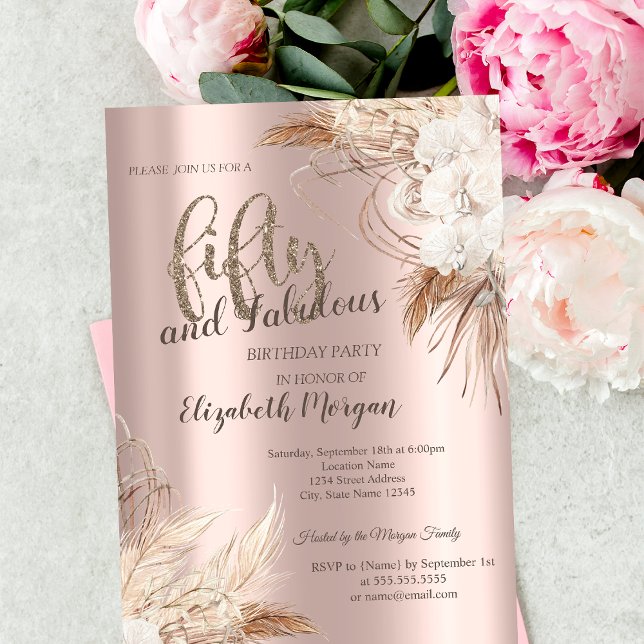 Invitación Fiesta de Cumpleaños 50 Chic Boho Flores Rosa Dora (Subido por el creador)