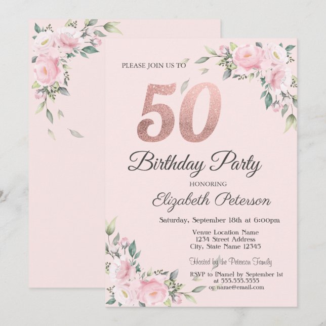 Invitación Fiesta de Cumpleaños 50 Chic Rosa Floral (Anverso / Reverso)