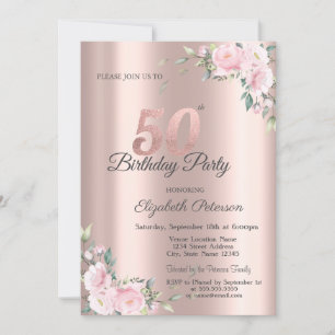 Invitación Fiesta de Cumpleaños 50 Chic Rosa Floral Rosa Dora