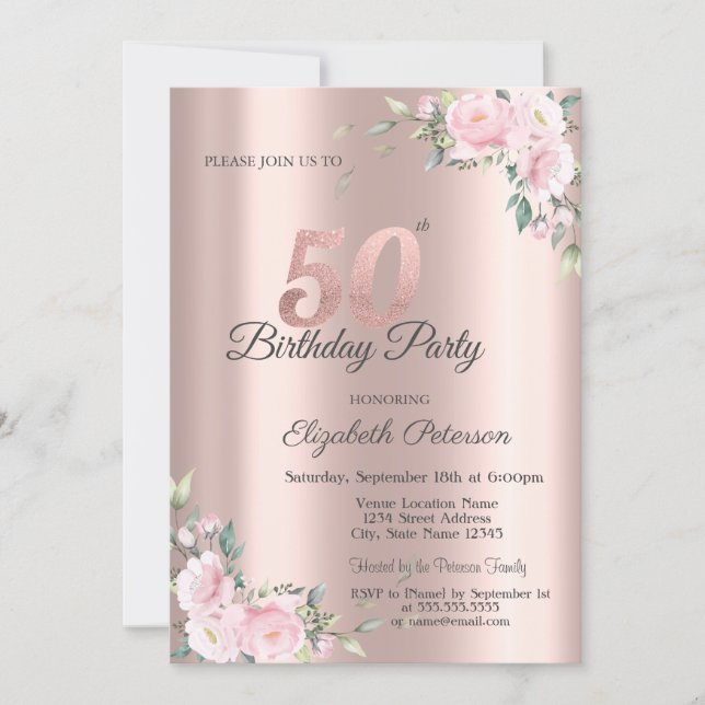 Invitación Fiesta de Cumpleaños 50 Chic Rosa Floral Rosa Dora (Anverso)