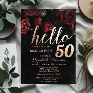 Invitación Fiesta de Cumpleaños 50 Chic Rosas Rojas Negras
