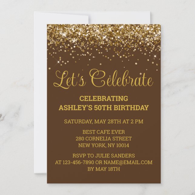 Invitación Fiesta de cumpleaños 50 Chocolate Marrón y Dorado  (Anverso)