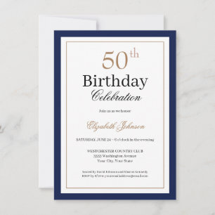 Invitación Fiesta de Cumpleaños 50 Clásico Dorado Azul Marino