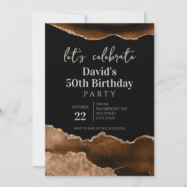 Invitación Fiesta de cumpleaños 50 con Ágata Marrón y Negra (Anverso)