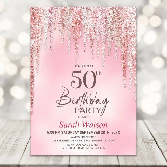 Invitación Fiesta de cumpleaños 50 con brillo rosa (Subido por el creador)