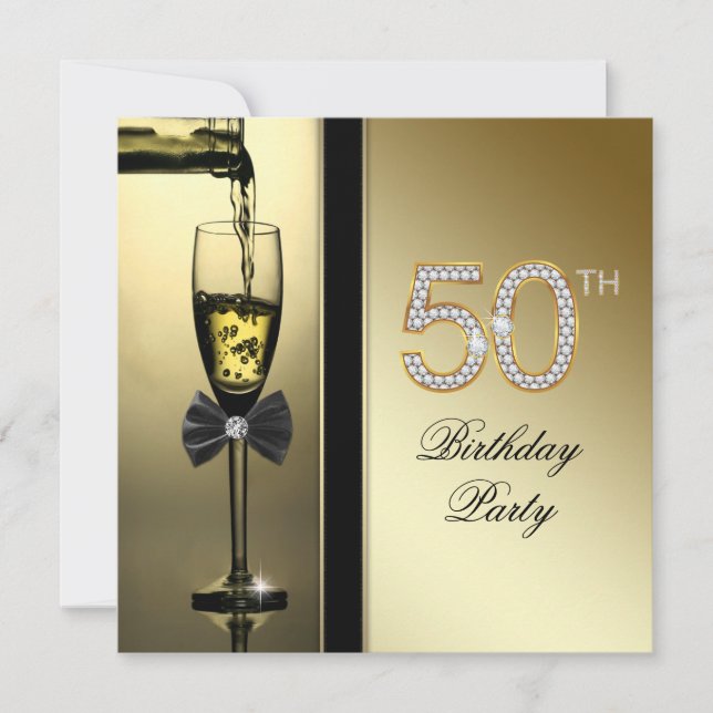 Invitación Fiesta de cumpleaños 50 con champán Diamantes y Or (Anverso)