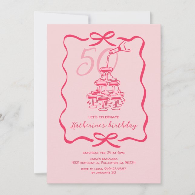 Invitación Fiesta de cumpleaños 50 con champán rosa dibujado  (Anverso)
