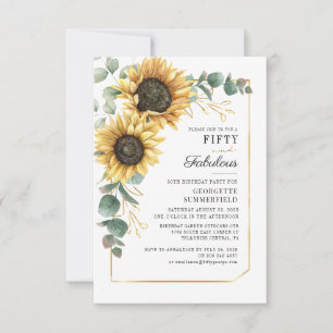 Invitación Fiesta de cumpleaños 50 con flores de girasol y eu