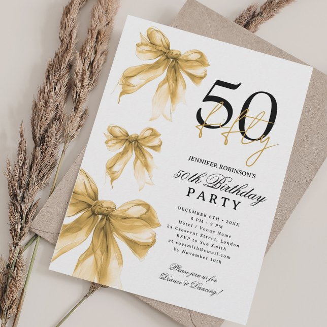 Invitación Fiesta de Cumpleaños 50 Coquette Acuarela Dorada (Gold Watercolor Coquette Bow 50th Birthday Party Invitation)