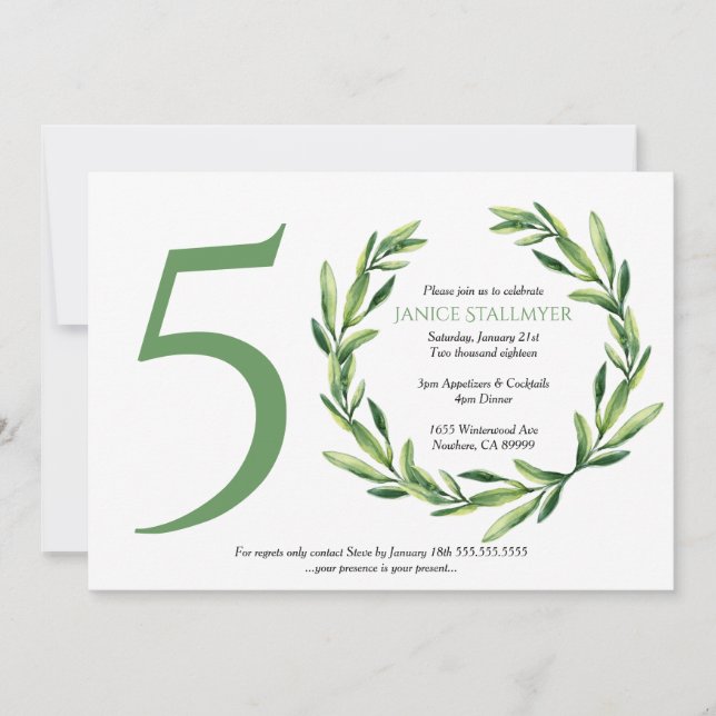 Invitación Fiesta de cumpleaños 50, corona de hojas verdes (Anverso)