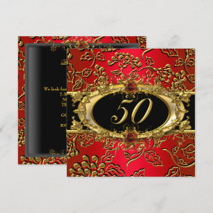 Invitación Fiesta de cumpleaños 50 Damask Rojo Dorado Negro
