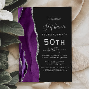 Invitación Fiesta de cumpleaños 50 Dark Purple Silver Agate
