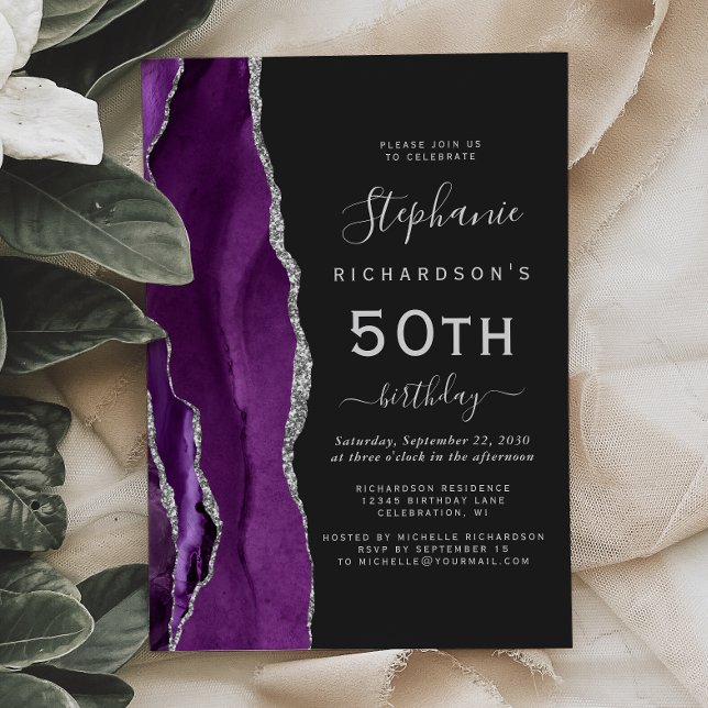 Invitación Fiesta de cumpleaños 50 Dark Purple Silver Agate (Subido por el creador)