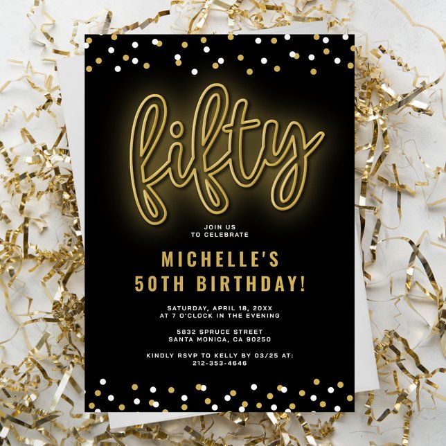 Invitación Fiesta de cumpleaños 50 de Adult Gold Neon (Subido por el creador)