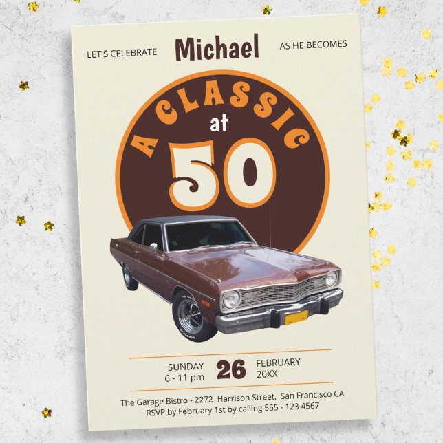 Invitación Fiesta de cumpleaños 50 de Classic Car Fun Retro (Mockup View)