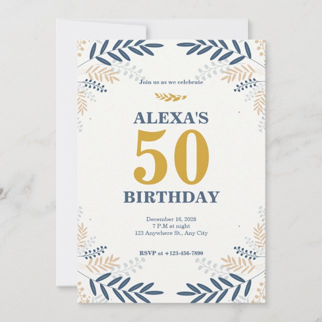 Invitación Fiesta de cumpleaños 50 de Cream y Gold Floral (Anverso)