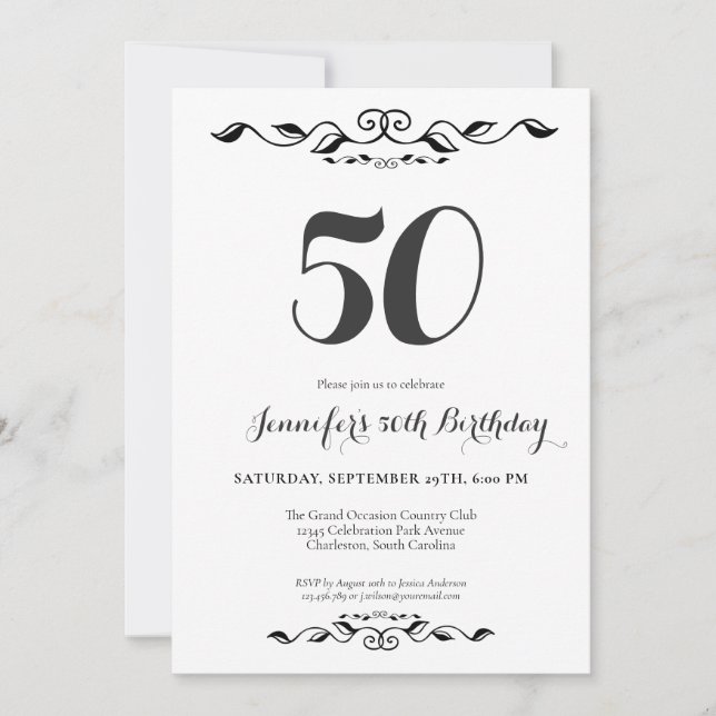 Invitación Fiesta de cumpleaños 50 de FIfty Elegant Black y W (Anverso)