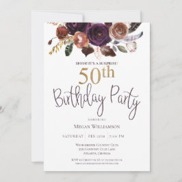 Invitación Fiesta de cumpleaños 50 de Floral Plum Gold Surpri