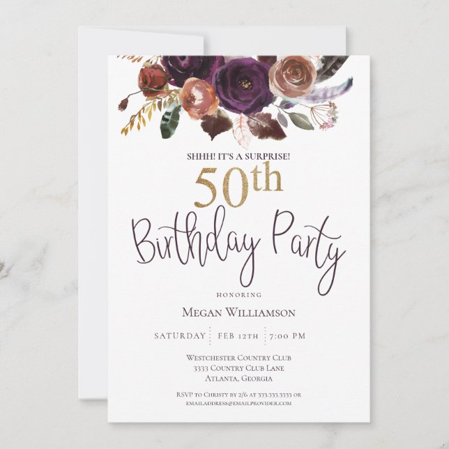 Invitación Fiesta de cumpleaños 50 de Floral Plum Gold Surpri (Anverso)