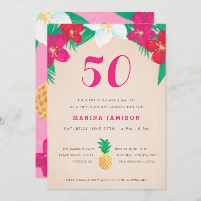 Invitación Fiesta de cumpleaños 50 de Floral y piña tropical (Anverso / Reverso)