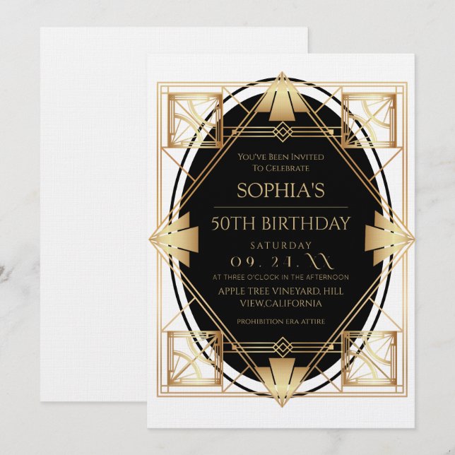 Invitación Fiesta de cumpleaños 50 de Gatsby Art Deco (Anverso / Reverso)