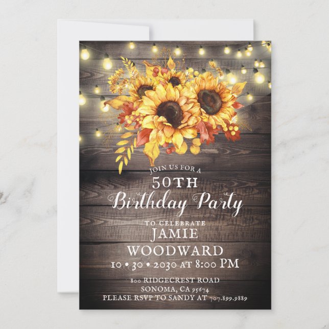 Invitación Fiesta de cumpleaños 50 de Gold Sunflowers Rustic  (Anverso)