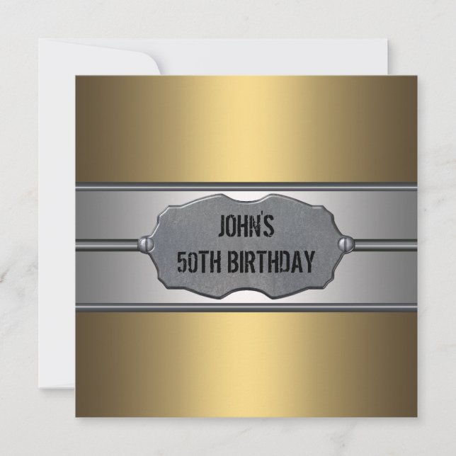 Invitación Fiesta de Cumpleaños 50 de Hombre de Metal Dorado (Anverso)