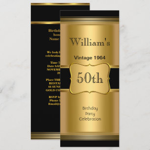 Invitación Fiesta de cumpleaños 50 de hombre dorado negro vin