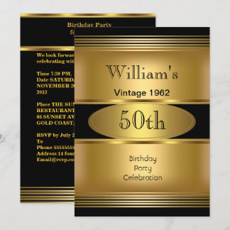 Invitación Fiesta de cumpleaños 50 de hombre dorado negro vin