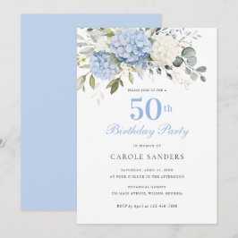 Invitación Fiesta de cumpleaños 50 de hortensias verdes azul