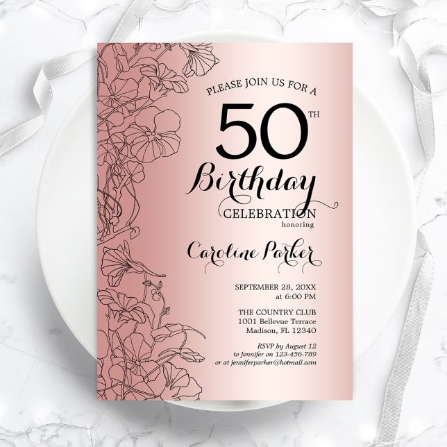 Invitación Fiesta de cumpleaños 50 de la floral de oro Rosa (Subido por el creador)
