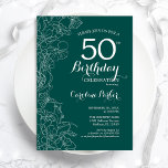 Invitación Fiesta de cumpleaños 50 de la floral verde verde a<br><div class="desc">Invitación a la fiesta de cumpleaños 50 de Green Floral. Diseño moderno minimalista con acentos de dibujos botánicos y tipo de letra de guión tipográfico. Sencilla carta de invitación a la moda, perfecta para una elegante celebración de cumpleaños femenina. Se puede personalizar a cualquier edad. Invitaciones Zazzle impresas o una...</div>