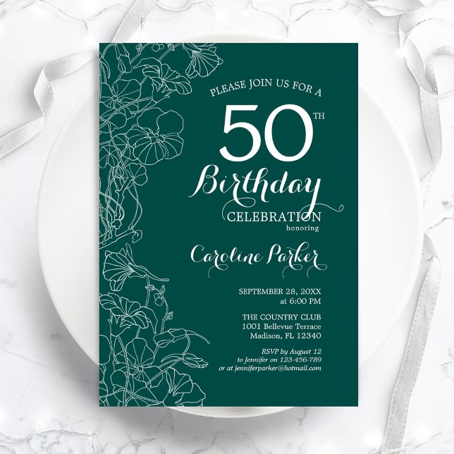 Invitación Fiesta de cumpleaños 50 de la floral verde verde a (Subido por el creador)