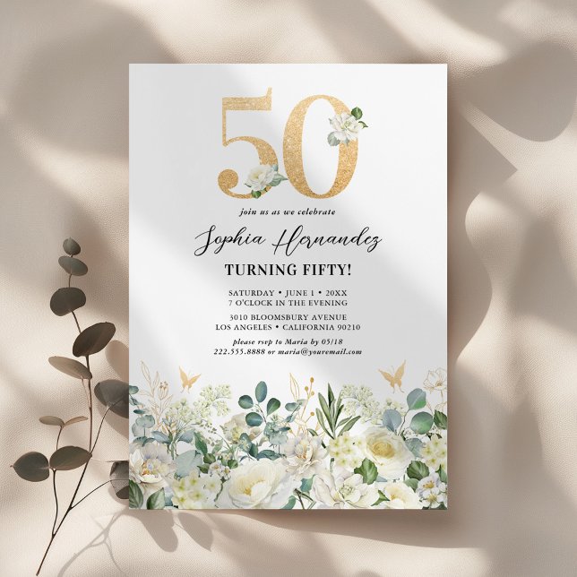 Invitación Fiesta de cumpleaños 50 de la Floral Verde y Blanc (Subido por el creador)