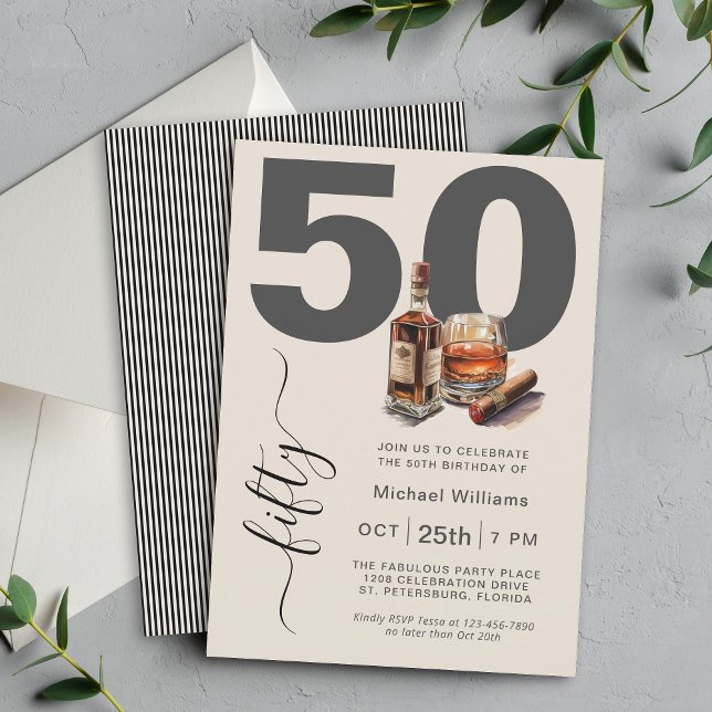 Invitación Fiesta de cumpleaños 50 de la Masculina de Whiskey (Available as printed and paperless digital download!)