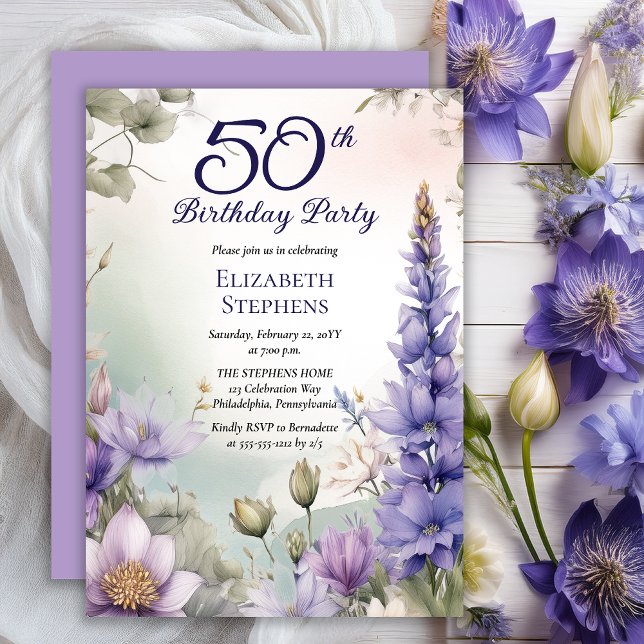 Invitación Fiesta de cumpleaños 50 de Larkspur | Flor de Nenú (Elegant Boho Larkspur and Water Lilies Floral 50th Birthday Party Invitation - Print | Digital)