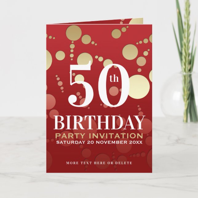 Invitación Fiesta de cumpleaños 50 de Luxe Red Gold (Anverso)