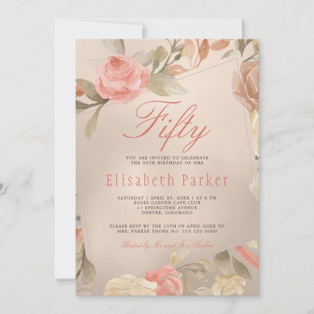 Invitación Fiesta de cumpleaños 50 de Luxury Gold Peach Coral (Anverso)