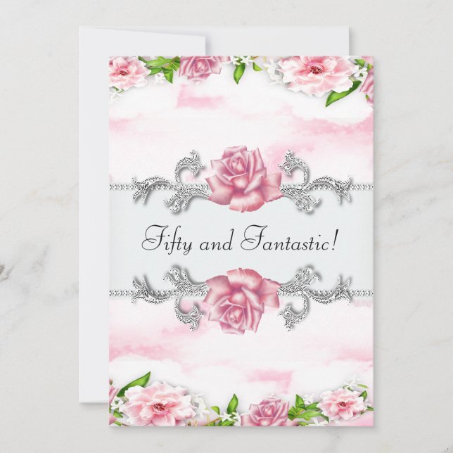 Invitación Fiesta de cumpleaños 50 de mujer con rosa rosa (Anverso)