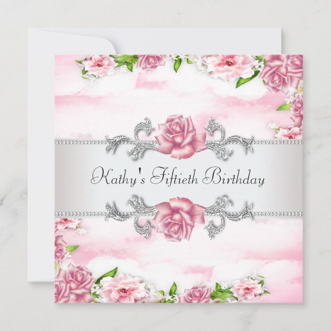 Invitación Fiesta de cumpleaños 50 de mujer con rosa rosa (Anverso)