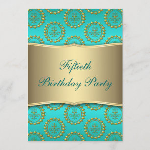 Invitación Fiesta de cumpleaños 50 de mujer Crest Gold Teal