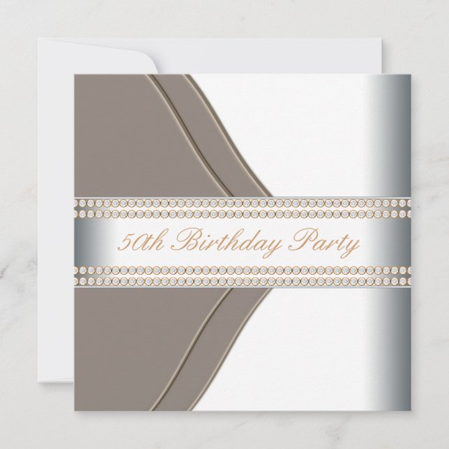 Invitación Fiesta de cumpleaños 50 de mujer dorado blanco (Anverso)