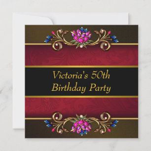 Invitación Fiesta de cumpleaños 50 de mujer en Damasco Rojo c