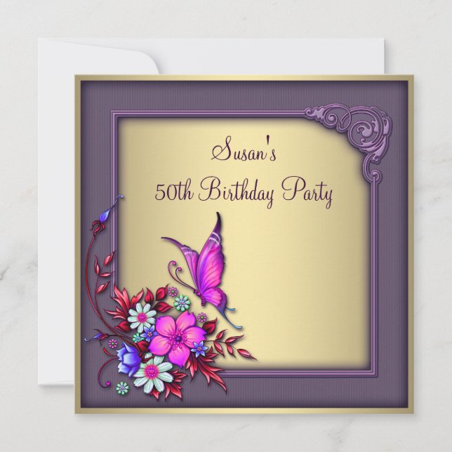 Invitación Fiesta de Cumpleaños 50 de Mujer Mariposa Morada D (Anverso)