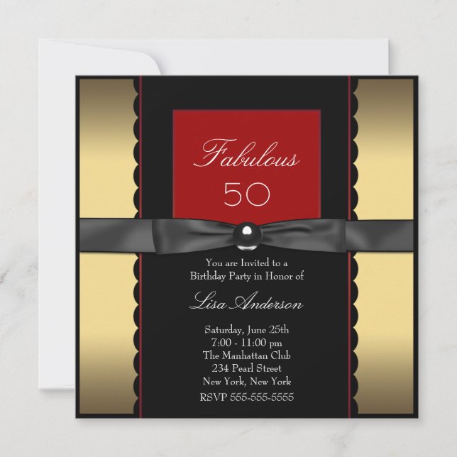 Invitación Fiesta de cumpleaños 50 de mujer oro negro rojo (Anverso)