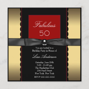 Invitación Fiesta de cumpleaños 50 de mujer oro negro rojo