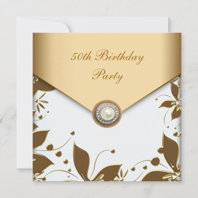 Invitación Fiesta de Cumpleaños 50 de Mujer Perla Dorada Flor (Anverso)
